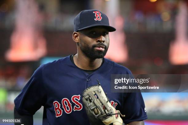 Boston Red Sox center fielder Jackie Bradley Jr. During an MLB game between the Boston Red Sox and Kansas City Royals on July 6, 2018 at Kauffman...