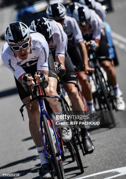 Great Britain's Geraint Thomas and riders of Great Britain's Team Sky cycling team pedal during a training session on the stage's route, prior to the...