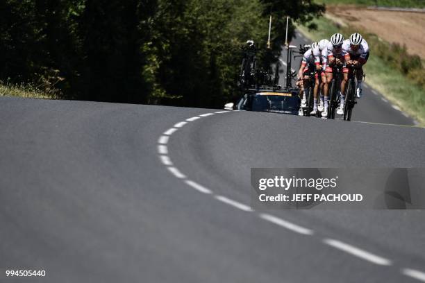 Riders of USA's Trek - Segafredo cycling team pedal during a training session on the stage's route, prior to the third stage of the 105th edition of...