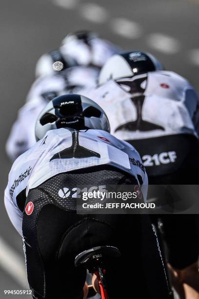 Riders of Great Britain's Team Sky cycling team pedal during a training session on the route, prior to the third stage of the 105th edition of the...