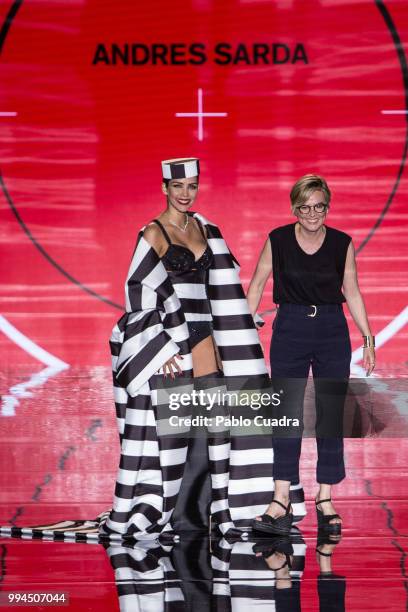 Model Rosanna Zanetti and designer Nuria Sarda walk the runway after the Andres Sarda show during the Mercedes-Benz Fashion Week Madrid Spring/Summer...