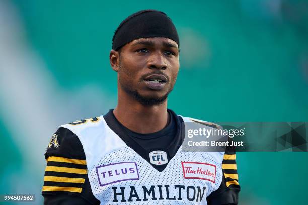 Brandon Banks of the Hamilton Tiger-Cats on the field during pregame warmup before the game between the Hamilton Tiger-Cats and Saskatchewan...