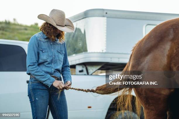 prepping pferde in utah - cowgirl hairstyles stock-fotos und bilder