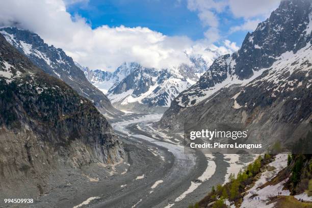 view of the “mer de glace” (sea of ice) glacier, on the right: “les grandes jorasses” at 4208m, from the montenvers historic train station in chamonix - chamonix train stock pictures, royalty-free photos & images