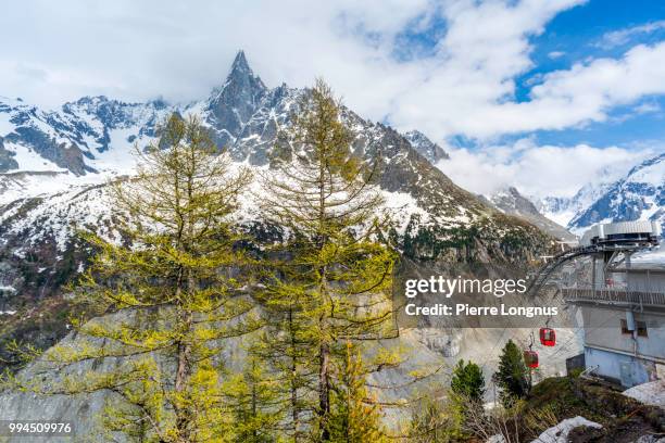 view of “l’aiguille verte” mountain at 4120m of altitude and “les drus” mountain at 3754m of altitude, from montenvers historic train station and glacier gondola - chamonix train stock pictures, royalty-free photos & images