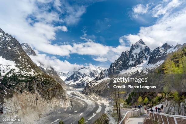 view of the “mer de glace” (sea of ice) glacier, on the right: “les grandes jorasses” at 4208m, from the montenvers historic train station in chamonix - chamonix train stockfoto's en -beelden