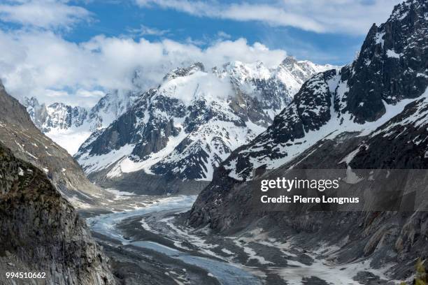 view of the “mer de glace” (sea of ice) glacier, on the right: “les grandes jorasses” at 4208m, from the montenvers historic train station in chamonix - chamonix train stockfoto's en -beelden