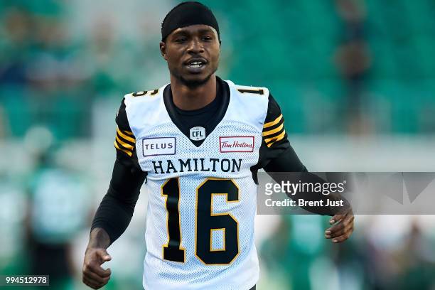 Brandon Banks of the Hamilton Tiger-Cats on the field before the game between the Hamilton Tiger-Cats and Saskatchewan Roughriders at Mosaic Stadium...
