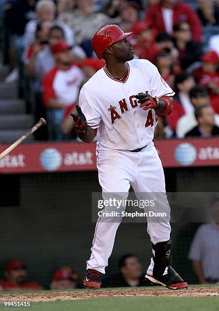 Torii Hunter of the Los Angeles Angels of Anaheim hits a three run home run in the sixth inning against the Cleveland Indians on April 28, 2010 at...