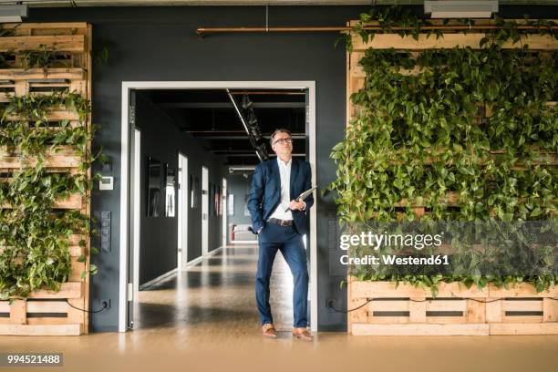 mature businessman with laptop standing in green office - kantoor milieus stockfoto's en -beelden