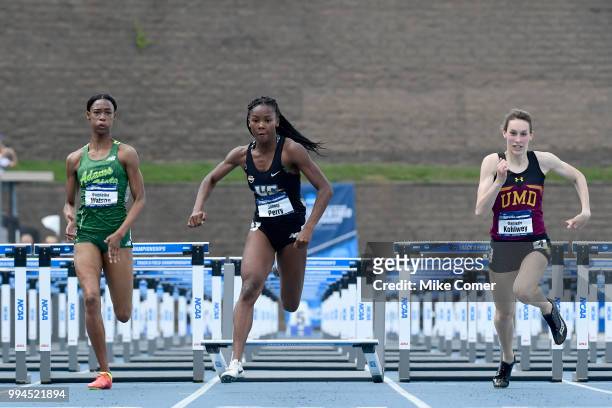 Janelle Perry of Ursuline College competes in the 100 meter hurdles during the Division II Men's and Women's Outdoor Track and Field Championships...
