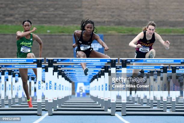 Janelle Perry of Ursuline College competes in the 100 meter hurdles during the Division II Men's and Women's Outdoor Track and Field Championships...