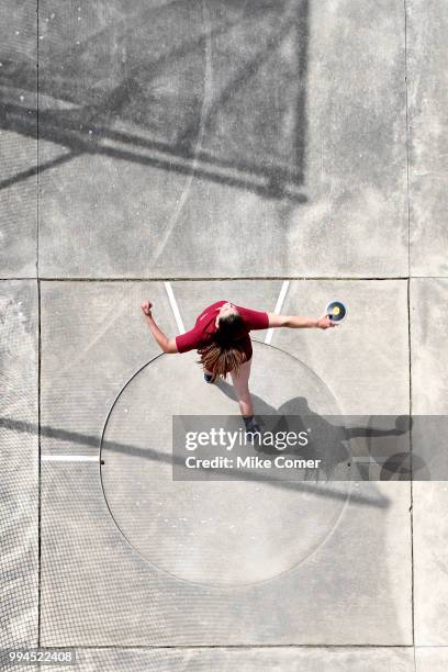 An athlete throws the shot put during the Division II Men's and Women's Outdoor Track and Field Championships held at the Irwin Belk Complex on May...