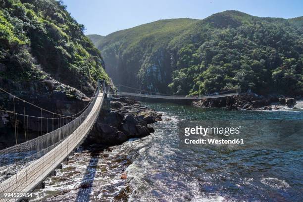 africa, south africa, east cape, tsitsikamma national park, storms river mouth, suspension bridge - garden route stock-fotos und bilder
