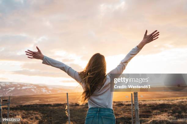 iceland, young woman with raised arms at sunset - arms raised photos et images de collection