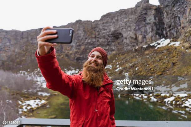 iceland, smiling bearded man using smartphone, selfie - northeast iceland stockfoto's en -beelden