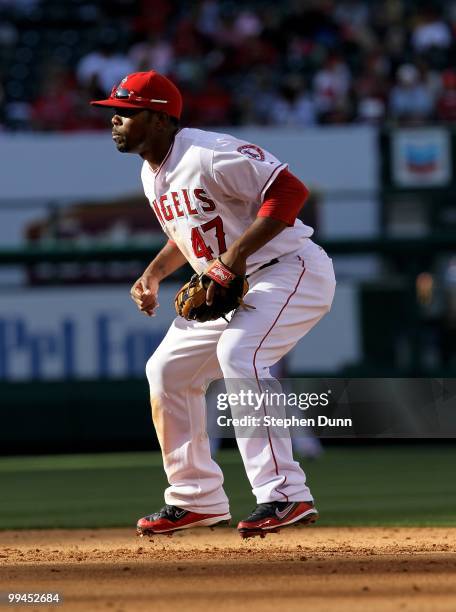 Howie Kendrick of the Los Angeles Angels of Anaheim plays a tthird base in the game with the Cleveland Indians on April 28, 2010 at Angel Stadium in...