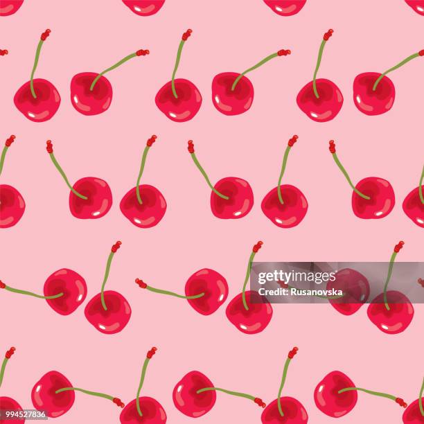 red cherries seamless pattern - sour cherry stock illustrations