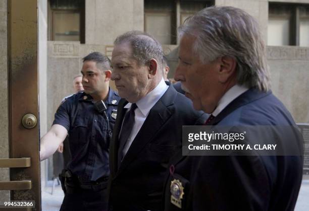 Harvey Weinstein arrives at Manhattan Criminal Court July 9, 2018 in New York, for arraignment on charges alleging he committed a sex crime against a...