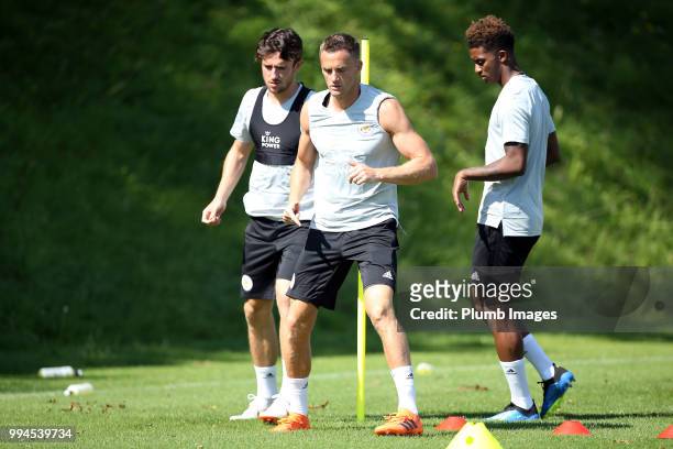 Andy King, Demarai Gray and Ben Chilwell during the Leicester City pre-season training camp on July 09, 2018 in Evian, France.