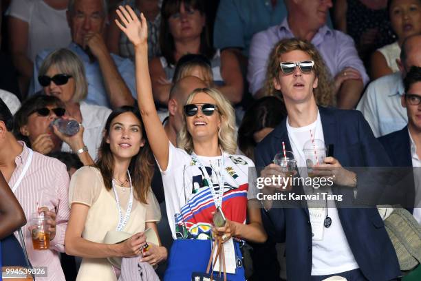 Alexa Chung, Poppy Delevingne and her husband James Cook attend day seven of the Wimbledon Tennis Championships at the All England Lawn Tennis and...