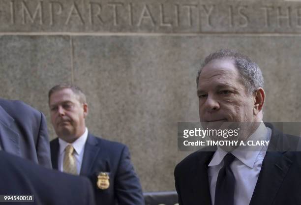 Harvey Weinstein arrives at Manhattan Criminal Court on July 9, 2018 in New York, for arraignment on charges alleging he committed a sex crime...