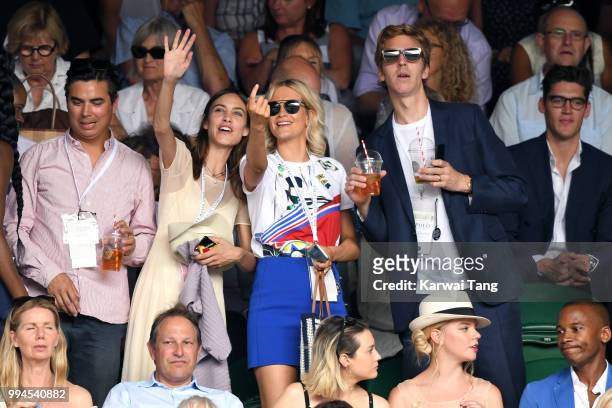 Alexa Chung, Poppy Delevingne and her husband James Cook attend day seven of the Wimbledon Tennis Championships at the All England Lawn Tennis and...