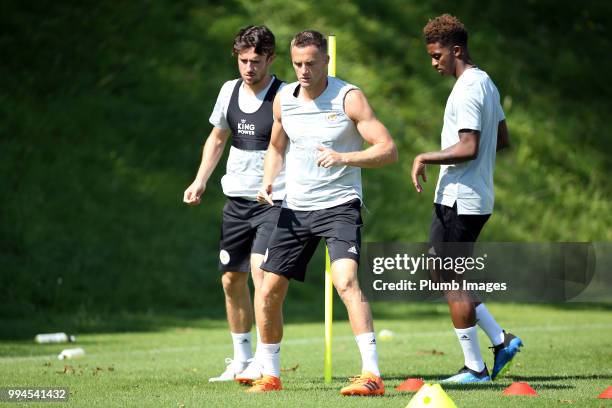 Andy King, Demarai Gray and Ben Chilwell during the Leicester City pre-season training camp on July 09, 2018 in Evian, France.