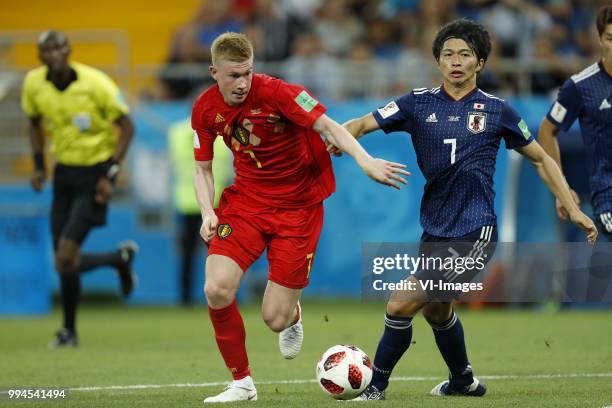 Kevin De Bruyne of Belgium, Gaku Shibasaki of Japan during the 2018 FIFA World Cup Russia round of 16 match between Belgium and Japan at the Rostov...