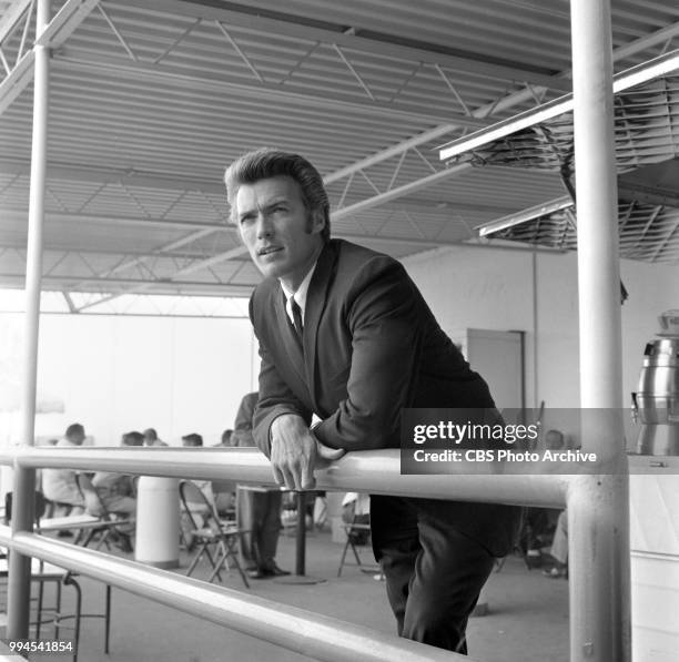 Television actor, Clint Eastwood. He plays lead role Rowdy Yates in the television western, Rawhide. He is at CBS Television City in Hollywood,...