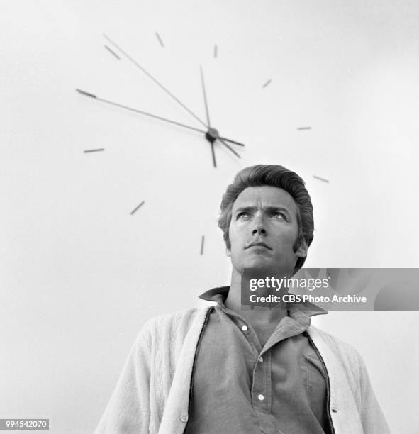 Television actor, Clint Eastwood. He plays lead role Rowdy Yates in the television western, Rawhide. He is at CBS Television City in Hollywood,...