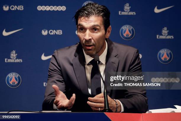 Italian goalkeeper Gianluigi Buffon speaks during a press conference on July 9, 2018 at the Parc des Princes stadium in Paris, after French Ligue 1...