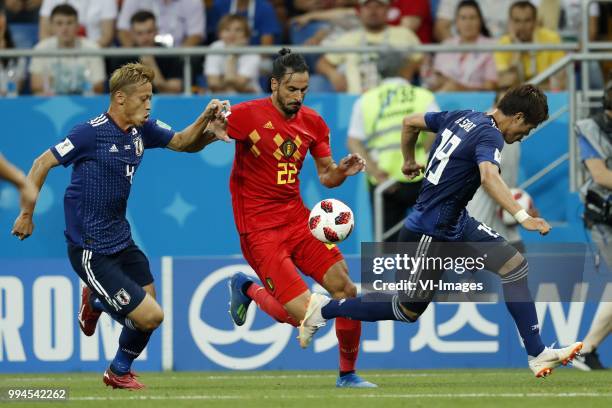Keisuke Honda of Japan, Nacer Chadli of Belgium, Hiroki Sakai of Japan during the 2018 FIFA World Cup Russia round of 16 match between Belgium and...