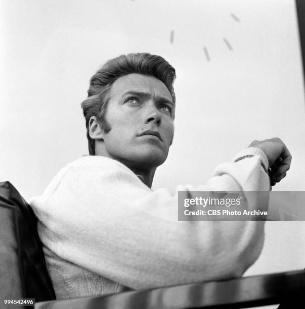 Television actor, Clint Eastwood. He plays lead role Rowdy Yates in the television western, Rawhide. He is at CBS Television City in Hollywood,...