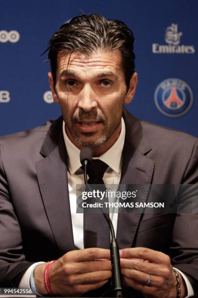 Italian goalkeeper Gianluigi Buffon speaks during a press conference on July 9, 2018 at the Parc des Princes stadium in Paris, after French Ligue 1...