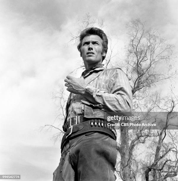 Television actor, Clint Eastwood. He plays lead role Rowdy Yates in the television western, Rawhide. He is at CBS Television City in Hollywood,...