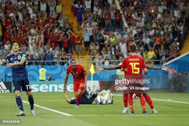 Takashi Usami of Japan, Nacer Chadli of Belgium, Japan goalkeeper Eiji Kawashima, Romelu Lukaku of Belgium, Thomas Meunier of Belgium during the 2018...