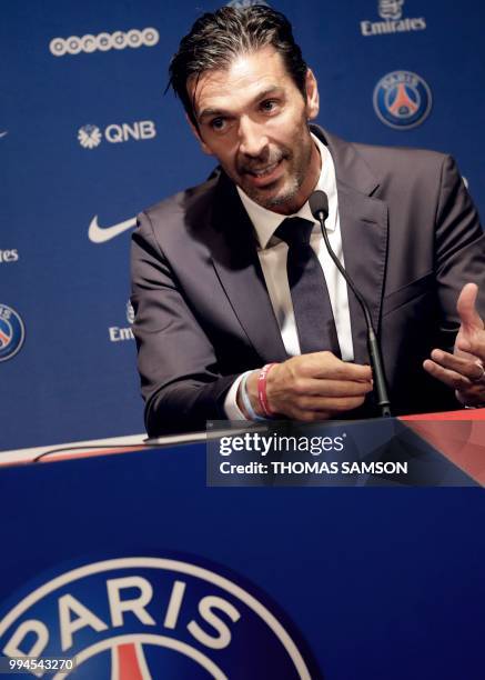 Italian goalkeeper Gianluigi Buffon speaks during a press conference on July 9, 2018 at the Parc des Princes stadium in Paris, after French Ligue 1...