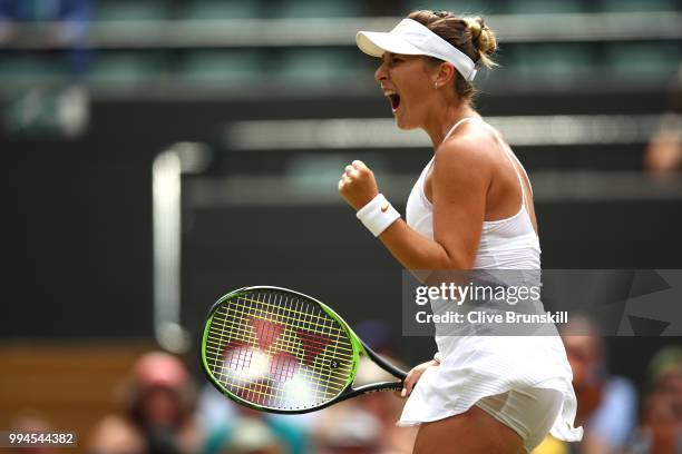 Belinda Bencic of Switzerland celebrates winning a point against Angelique Kerber of Germany during their Ladies' Singles fourth round match on day...