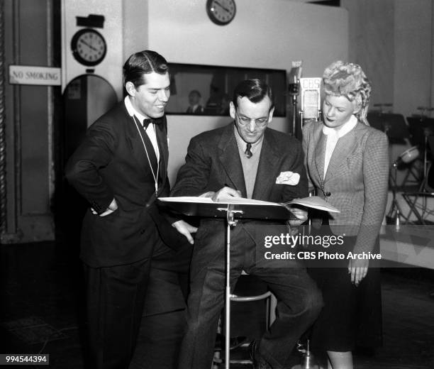 Rehearsal featuring lead performers of the Glenn Miller big band. New York, NY. From left: Tex Beneke, tenor saxophone player and vocalist, Glenn...