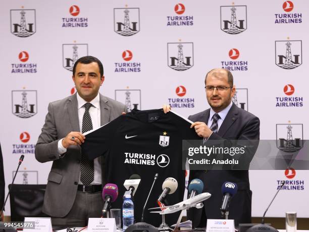 Manager of Turkish Airlines in Baku Seyfullah Ilyas and President of Azerbaijani football club Neftchi Kamran Guliyev attend the signing ceremony of...