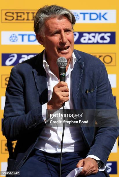 President Sebastian Coe speaks during a press conference ahead of the IAAF World U20 Championships on July 9, 2018 in Tampere, Finland.