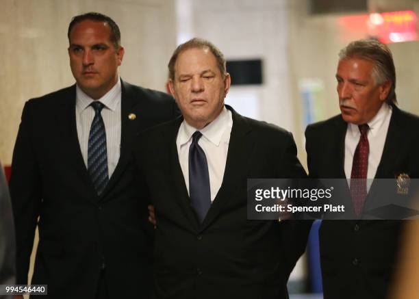 Harvey Weinstein is escorted in handcuffs into State Supreme Court on Monday for arraignment on charges alleging he committed a sex crime against a...