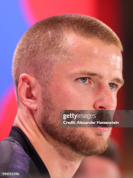 Eric Dier of England speaks to the media during an England press conference at Repino Cronwell Park Hotel on July 9, 2018 in Saint Petersburg, Russia.