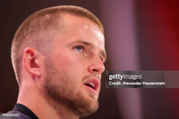 Eric Dier of England speaks to the media during an England press conference at Repino Cronwell Park Hotel on July 9, 2018 in Saint Petersburg, Russia.