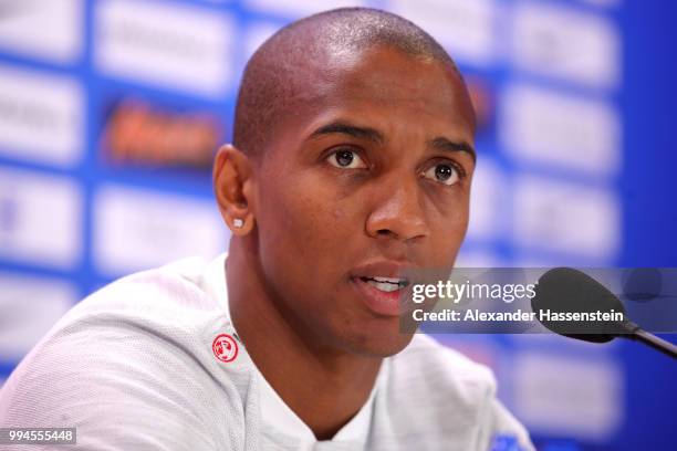 Ashley Young speaks to the media during an England press conference at Repino Cronwell Park Hotel on July 9, 2018 in Saint Petersburg, Russia.