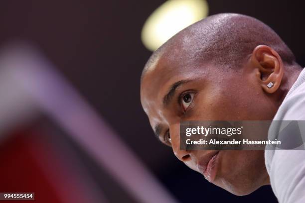 Ashley Young speaks to the media during an England press conference at Repino Cronwell Park Hotel on July 9, 2018 in Saint Petersburg, Russia.