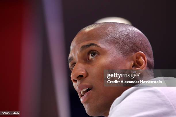 Ashley Young speaks to the media during an England press conference at Repino Cronwell Park Hotel on July 9, 2018 in Saint Petersburg, Russia.