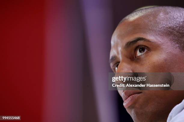 Ashley Young speaks to the media during an England press conference at Repino Cronwell Park Hotel on July 9, 2018 in Saint Petersburg, Russia.