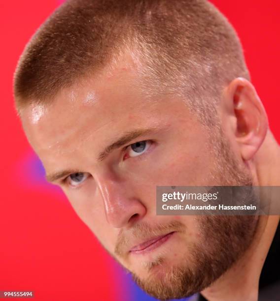 Eric Dier of England speaks to the media during an England press conference at Repino Cronwell Park Hotel on July 9, 2018 in Saint Petersburg, Russia.